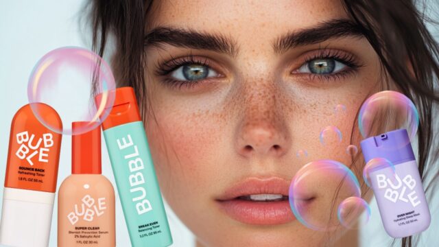 close-up of a woman's clear, glowing skin surrounded by colorful skincare products from the "Bubble" brand, with bubbles floating around her face. The products include toners, serums, and masks designed for healthy, radiant skin